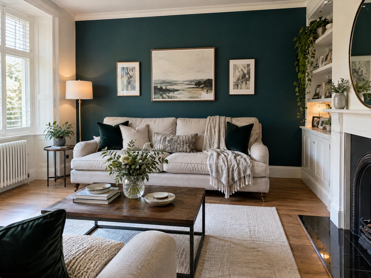 Illustrative image of a lounge with a deep teal painted feature wall