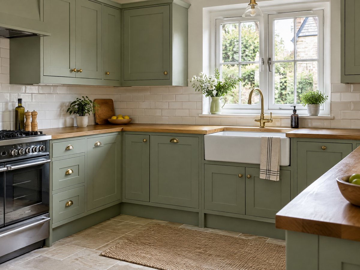 Illustrative image of shaker-style kitchen cabinets painted sage green