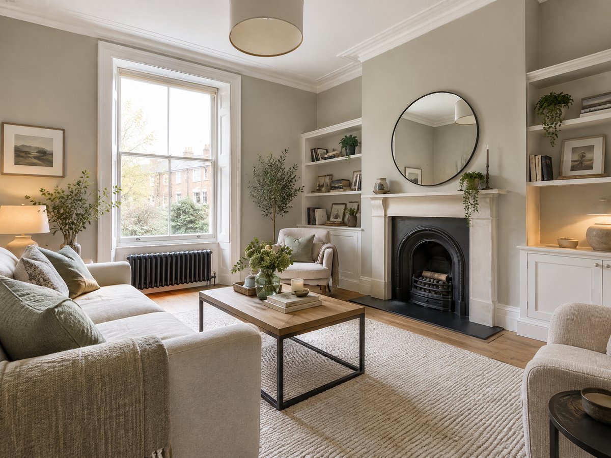 Illustrative image of a freshly redecorated living room with neutral walls and white woodwork