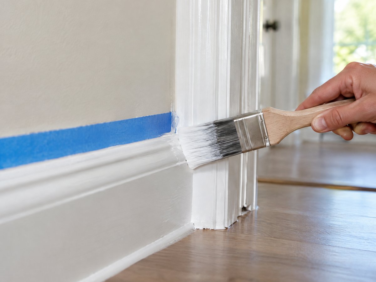 Illustrative image of white gloss being brushed onto a skirting board